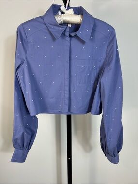 Cinq A Sept Salina Gem Embellished Blue Long Sleeve Button Up Cropped Blouse XS